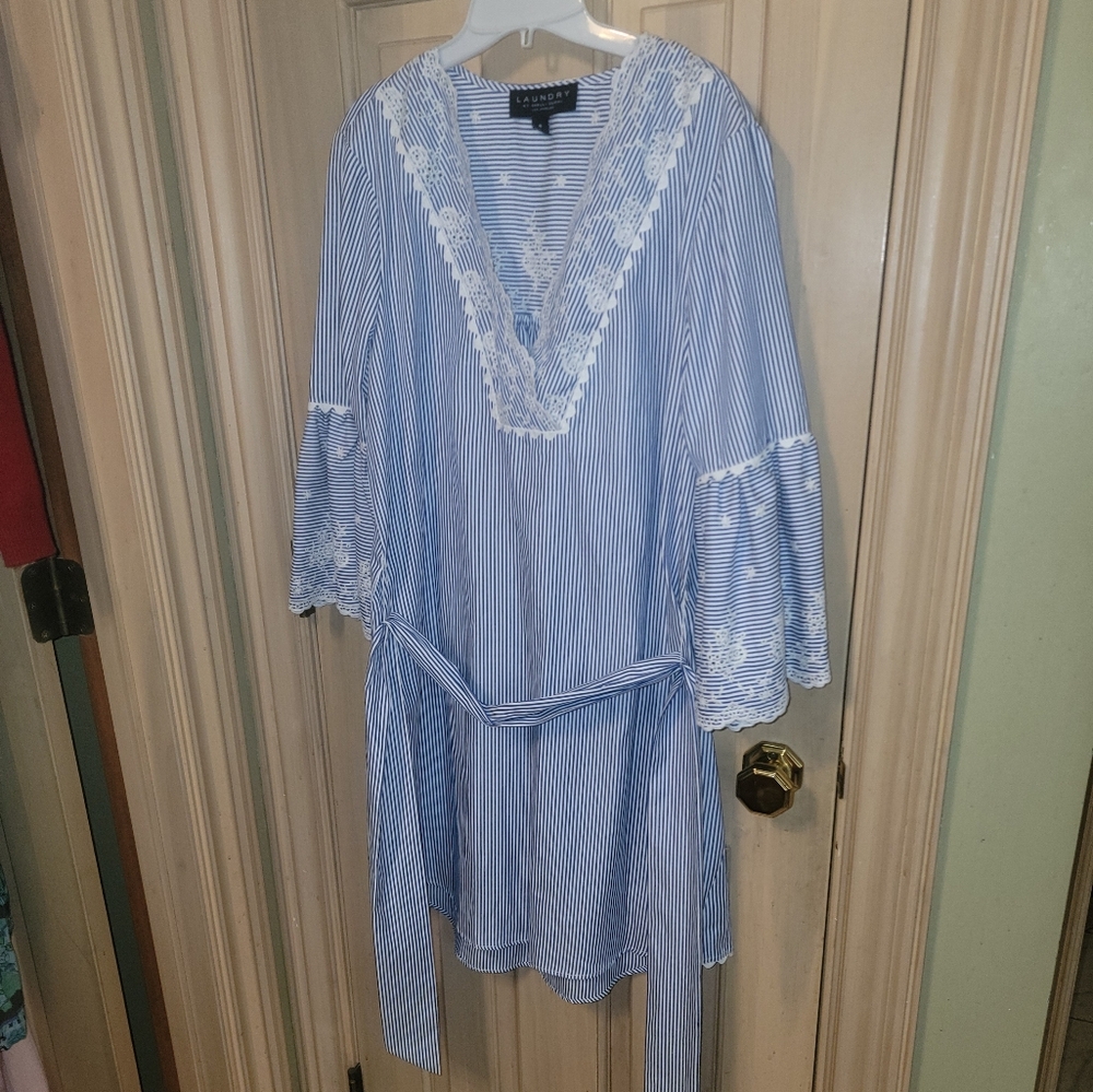 Misses sz M Laundry by Shelli Segal Blue white embroidered Dress Tie Belt - Picture 5 of 10